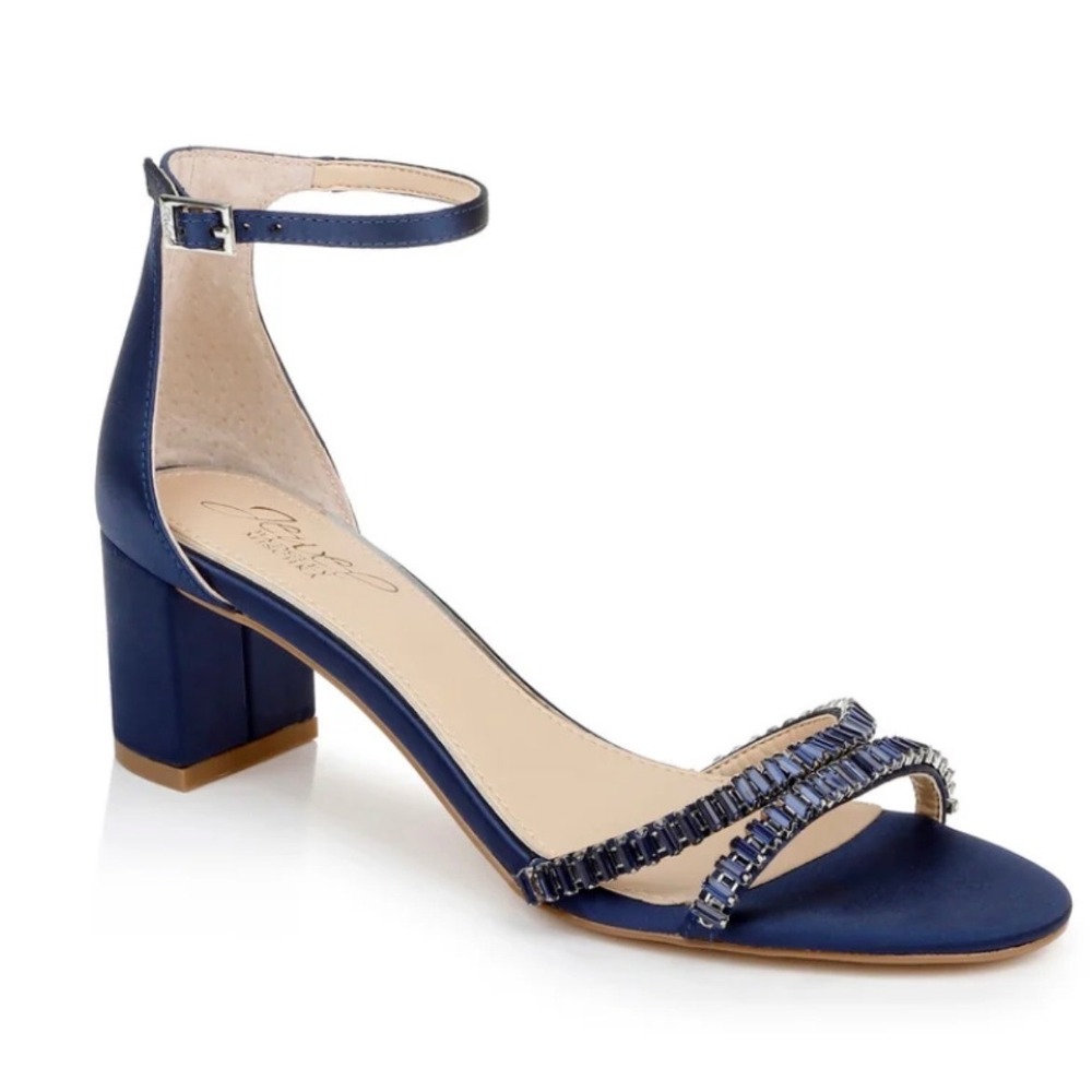 Jewel Badgley Mischka NWOT Navy Satin Crystal Embellished Block Heel Sandals 10